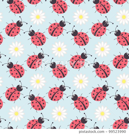 Seamless pattern with ladybugs and chamomiles. Cute hand drawn floral print. 99523990