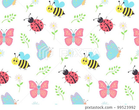 Seamless pattern with cute bees, butterflies, ladybugs, daisies and twigs.  99523992