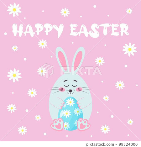 Cute bunny with Easter egg decorated chamomiles. Easter greeting card with rabbit and daisies. Cute bunny with Easter egg decorated chamomiles. Easter greeting card with rabbit and daisies. 99524000