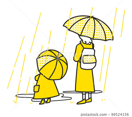 Parent and child with an umbrella walking in the rain illustration material 99524156
