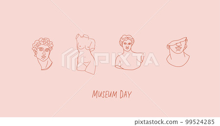 Vector set of museum statues isolated. Museum day horizontal banner. David statue, venus, female statue. Vector illustration 99524285