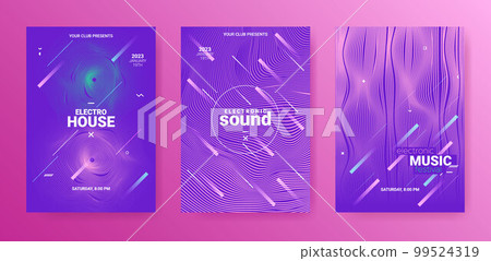Psychedelic Abstract Dj Flyer. Electro Sound Cover. Techno Dance Poster. Vector Edm Background. 3d Dj Flyer. Geometric Festiv Illustration. Gradient Wave Round. Minimal Abstract Dj Flyer Set. 99524319