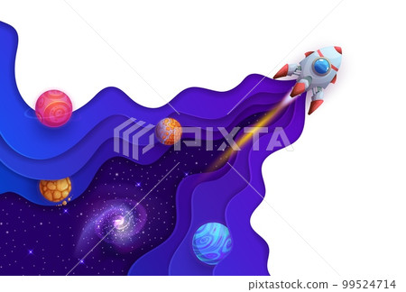 Space paper cut flying rocket in starry galaxy. Astronomy science, galaxy exploration flight or space travel adventure 3d vector backdrop with cartoon spaceship in outerspace and fantastic planets 99524714