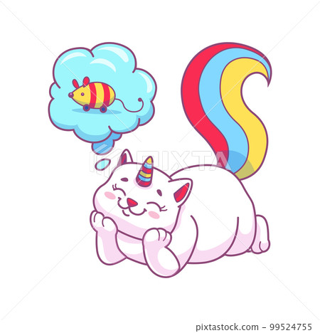 Cute funny cartoon caticorn character dreaming about mouse toy. Magic caticorn, fairytale unicorn cat or kawaii creature personage. Fantasy kitten vector character mascot with rainbow colors tail Cute funny cartoon caticorn character dreaming about mouse toy. Magic caticorn, fairytale unicorn cat or kawaii creature personage. Fantasy kitten vector character mascot with rainbow colors tail 99524755