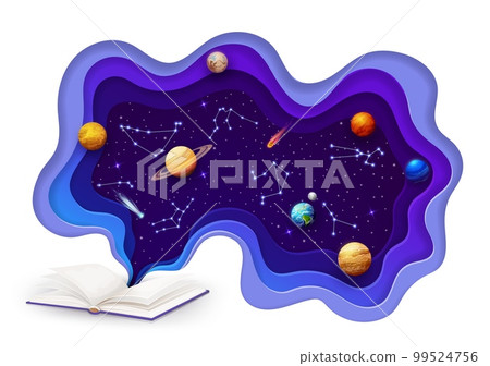 Space paper cut with opened book, planets and galaxy constellations. Vector open textbook with starry sky, solar system planets and zodiac inside of papercut 3d frame. Astrology, astronomy science 99524756