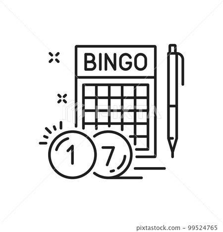 Thin linear bingo outline icon isolated symbol for web and mobile. Vector bingo lottery card and pen, lotto gamble game Thin linear bingo outline icon isolated symbol for web and mobile. Vector bingo lottery card and pen, lotto gamble game 99524765