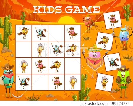 Sudoku game worksheet. Wild West cartoon cowboy, sheriff, bandit and robber vitamin characters. Kids intelligence game, sudoku quiz vector worksheet with Ca, Zn, Cu and Se, P, Mn funny personages Sudoku game worksheet. Wild West cartoon cowboy, sheriff, bandit and robber vitamin characters. Kids intelligence game, sudoku quiz vector worksheet with Ca, Zn, Cu and Se, P, Mn funny personages 99524784
