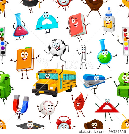 Cartoon school stationery characters seamless pattern. Vector background with funny bus, chemical beaker, soccer or baseball balls, magnet and textbook. Protractor, rucksack, alarm clock and fall leaf 99524836