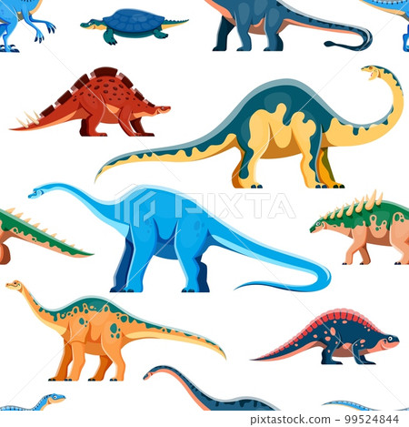 Funny dinosaurs cartoon characters seamless pattern. Jurassic era lizard textile vector print with Henodus, Shunosaurus, Wuerhosaurus and Melanorosaurus, Haplocanthosaurus, Polacanthus personages 99524844