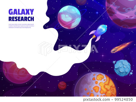 Landing page space. Cartoon rocket spaceship and planets in galaxy. Vector background with spacecraft travel in Universe. Shuttle flying in alien world explore cosmos with stars and white smoke frame Landing page space. Cartoon rocket spaceship and planets in galaxy. Vector background with spacecraft travel in Universe. Shuttle flying in alien world explore cosmos with stars and white smoke frame 99524850
