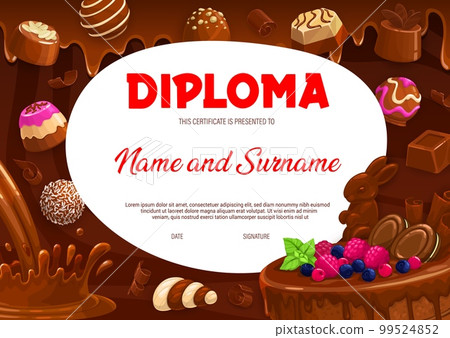 Kids diploma milk chocolate, praline and fudge candy, souffle, truffle and jelly, hazelnut bonbons. Cartoon vector fame with desserts, graduation or award certificate template for best confectioner Kids diploma milk chocolate, praline and fudge candy, souffle, truffle and jelly, hazelnut bonbons. Cartoon vector fame with desserts, graduation or award certificate template for best confectioner 99524852