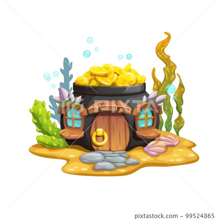 Cartoon underwater golden pot fairy house. Vector creative fantasy dwelling, mermaid or fish home inside of cauldron with gold coins on ocean bottom with sand, paved pathway, shells and seaweeds Cartoon underwater golden pot fairy house. Vector creative fantasy dwelling, mermaid or fish home inside of cauldron with gold coins on ocean bottom with sand, paved pathway, shells and seaweeds 99524865
