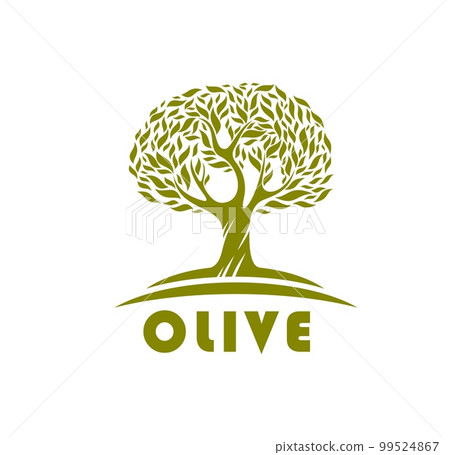 Olive tree, eco product symbol. Vegetarian food and mediterranean cuisine symbol, agriculture company or olive oil farm garden vector emblem. Organic food sign with old tree crown, green leaves Olive tree, eco product symbol. Vegetarian food and mediterranean cuisine symbol, agriculture company or olive oil farm garden vector emblem. Organic food sign with old tree crown, green leaves 99524867
