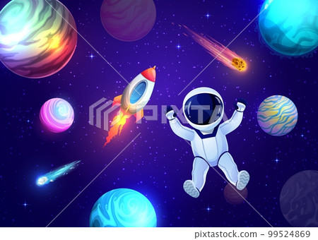 Cartoon astronaut in outer space, galaxy landscape with planets and stars. Vector funny kid cosmonaut float in weightlessness with alien planets, spaceship engine, asteroids, comets and shining stars Cartoon astronaut in outer space, galaxy landscape with planets and stars. Vector funny kid cosmonaut float in weightlessness with alien planets, spaceship engine, asteroids, comets and shining stars 99524869