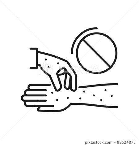 Chickenpox, hand in itchy red spots, contagious disease medicine treatment. Skin rash as contagious disease symptom. Illness diagnosis and health concept Chickenpox, hand in itchy red spots, contagious disease medicine treatment. Skin rash as contagious disease symptom. Illness diagnosis and health concept 99524875