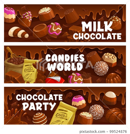 Milk chocolate, praline and fudge candy. Souffle, truffle and jelly, hazelnut bonbons. Horizontal vector banners with cocoa production, beans, melt drips and choco bars, sweet food, desserts ads cards Milk chocolate, praline and fudge candy. Souffle, truffle and jelly, hazelnut bonbons. Horizontal vector banners with cocoa production, beans, melt drips and choco bars, sweet food, desserts ads cards 99524876