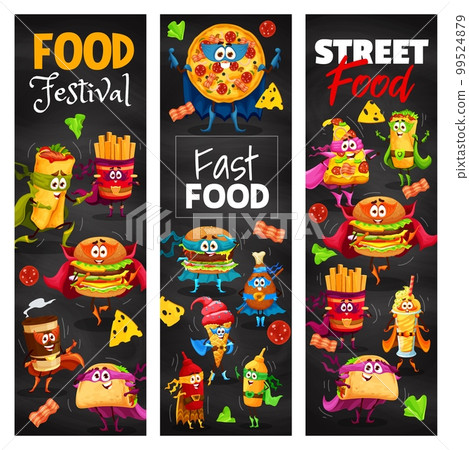 Cartoon fast food superhero characters. Takeaway restaurant vertical banners, street food vector background with burrito, pizza, hamburger and ice cream, coffee, french fries, nuggets cute personages Cartoon fast food superhero characters. Takeaway restaurant vertical banners, street food vector background with burrito, pizza, hamburger and ice cream, coffee, french fries, nuggets cute personages 99524879
