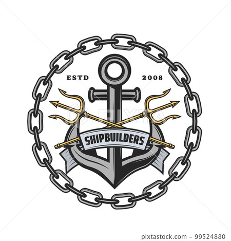 Shipbuilders heraldic icon with anchor and tridents in ship chain, nautical vector emblem. Sailing, seafaring or yachting club heraldry badge with crossed golden tridents and anchor for regatta sport Shipbuilders heraldic icon with anchor and tridents in ship chain, nautical vector emblem. Sailing, seafaring or yachting club heraldry badge with crossed golden tridents and anchor for regatta sport 99524880