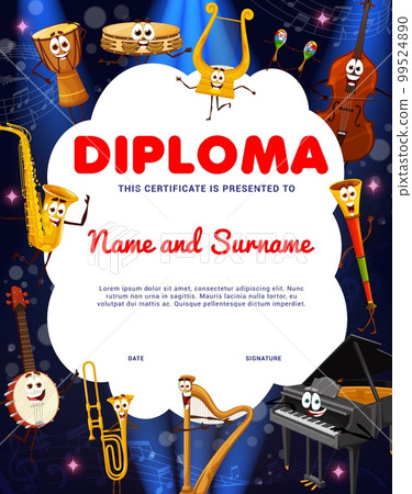 Kids diploma with cartoon musical instrument characters. Educational music school vector certificate with cute grand piano, saxophone and jembe drum. Double bass, banjo, harp, horn and maracas 99524890