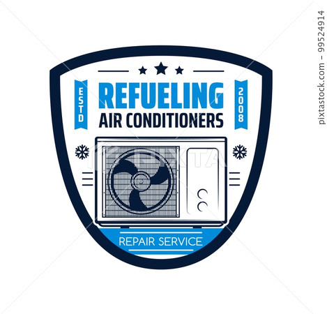 Air conditioner refueling service icon. House heating and cooling equipment installation and maintenance workshop or technician service vector emblem, badge or retro icon with conditioner outdoor unit Air conditioner refueling service icon. House heating and cooling equipment installation and maintenance workshop or technician service vector emblem, badge or retro icon with conditioner outdoor unit 99524914