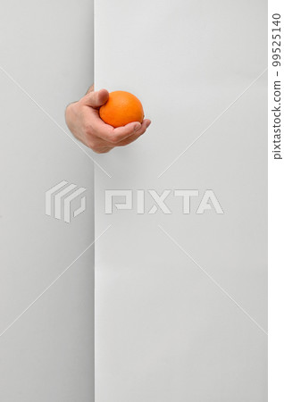 Male hand holding and offering orange fruit behind white wall background Male hand holding and offering orange fruit behind white wall background 99525140