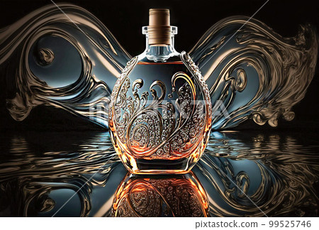 Perfume bottle on a background of dark water, flying splashes close-up, Generative AI. Perfume bottle on a background of dark water, flying splashes close-up, Generative AI. 99525746