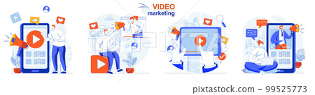 Video marketing concept set. Advertising content creation, video blog promotion. People isolated scenes in flat design. Vector illustration for blogging, website, mobile app, promotional materials. Video marketing concept set. Advertising content creation, video blog promotion. People isolated scenes in flat design. Vector illustration for blogging, website, mobile app, promotional materials. 99525773