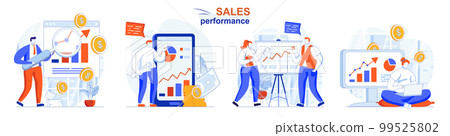Sales performance concept set. Statistics analysis, data analytics, income growth. People isolated scenes in flat design. Vector illustration for blogging, website, mobile app, promotional materials. 99525802