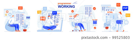 Programmer working concept set. Software development, code programming, testing. People isolated scenes in flat design. Vector illustration for blogging, website, mobile app, promotional materials. 99525803