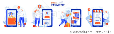 Online payment concept set. Financial transactions, accounting, pay for purchases. People isolated scenes in flat design. Vector illustration for blogging, website, mobile app, promotional materials. 99525812