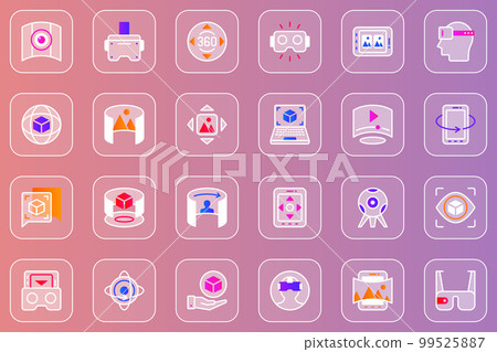 Virtual reality web glassmorphic icons set. Pack outline pictograms of 3d virtual simulation headset, 360 panoramic view, cyberspace, gaming, innovation technology and other. Vector line glass symbols Virtual reality web glassmorphic icons set. Pack outline pictograms of 3d virtual simulation headset, 360 panoramic view, cyberspace, gaming, innovation technology and other. Vector line glass symbols 99525887