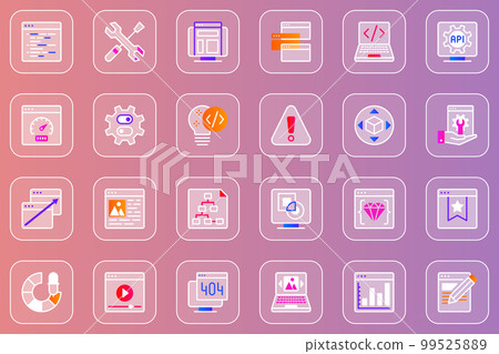 Web development glassmorphic icons set. Pack outline pictograms of settings, code, speed, computer, seo optimization, programming, interface, multimedia, software and other. Vector line glass symbols Web development glassmorphic icons set. Pack outline pictograms of settings, code, speed, computer, seo optimization, programming, interface, multimedia, software and other. Vector line glass symbols 99525889