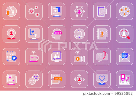 Social network web glassmorphic icons set. Pack outline pictograms of like or heart, networking, global internet, location, rating, notification, wifi, email and other. Vector line glass symbols Social network web glassmorphic icons set. Pack outline pictograms of like or heart, networking, global internet, location, rating, notification, wifi, email and other. Vector line glass symbols 99525892