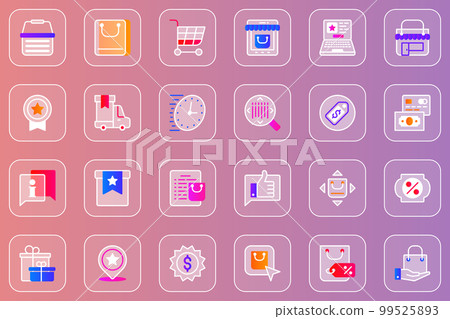 Online shopping web glassmorphic icons set. Pack outline pictograms of shop bag or cart, fast delivery order, money cash, gift for customer, discount sale, payment and other. Vector line glass symbols Online shopping web glassmorphic icons set. Pack outline pictograms of shop bag or cart, fast delivery order, money cash, gift for customer, discount sale, payment and other. Vector line glass symbols 99525893