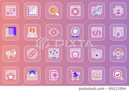 SEO optimization web glassmorphic icons set. Pack outline pictograms of data analysis, search machine, target, speed, settings, link, tech support, development and other. Vector line glass symbols 99525894