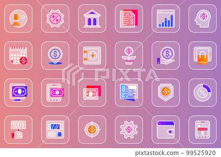 Online banking web glassmorphic icons set. Pack outline pictograms of auction, financial statistics, savings protection, investment, money exchange, accounting and other. Vector line glass symbols 99525920