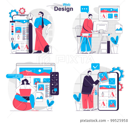 Web design concept set. Developers create page layout, place graphics and content. People isolated scenes in flat design. Vector illustration for blogging, website, mobile app, promotional materials. Web design concept set. Developers create page layout, place graphics and content. People isolated scenes in flat design. Vector illustration for blogging, website, mobile app, promotional materials. 99525958