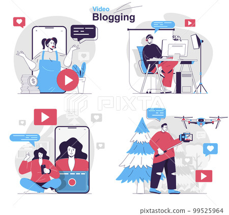 Video blogging concept set. Blogger create video content, stream online at channel. People isolated scenes in flat design. Vector illustration for blogging, website, mobile app, promotional materials. 99525964