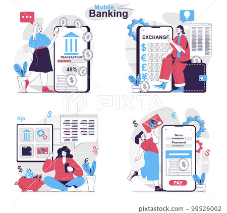 Mobile banking concept set. Online services for exchange, transaction, accounting. People isolated scenes in flat design. Vector illustration for blogging, website, mobile app, promotional materials. Mobile banking concept set. Online services for exchange, transaction, accounting. People isolated scenes in flat design. Vector illustration for blogging, website, mobile app, promotional materials. 99526002