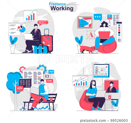 Freelance working concept set. Freelancers and remote workers with laptops at home. People isolated scenes in flat design. Vector illustration for blogging, website, mobile app, promotional materials. Freelance working concept set. Freelancers and remote workers with laptops at home. People isolated scenes in flat design. Vector illustration for blogging, website, mobile app, promotional materials. 99526003