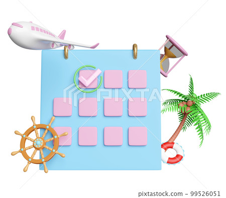 3d calendar with airplane icons, marked date, palm tree, hourglass, flight isolated. schedule appointment, summer travel, itinerary concept, 3d render illustration 99526051