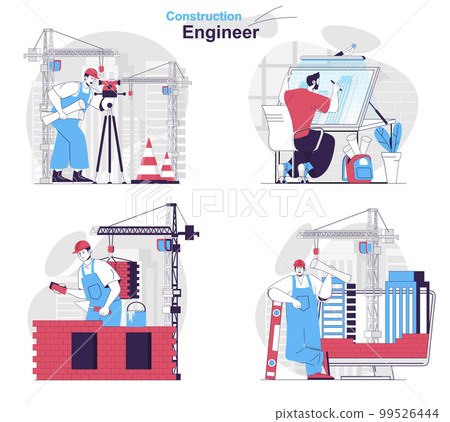 Construction engineer concept set. Surveyor, architect, builder and foreman work. People isolated scenes in flat design. Vector illustration for blogging, website, mobile app, promotional materials. 99526444
