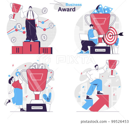 Business award concept set. Successful businessman or businesswoman achieves goals. People isolated scenes in flat design. Vector illustration for blogging, website, mobile app, promotional materials. 99526453