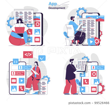 App development concept set. Developers write code, testing, create page layout. People isolated scenes in flat design. Vector illustration for blogging, website, mobile app, promotional materials. App development concept set. Developers write code, testing, create page layout. People isolated scenes in flat design. Vector illustration for blogging, website, mobile app, promotional materials. 99526466