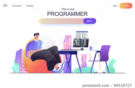 Programmer web concept for landing page. Male developer creates code, develops programs and software, tests applications banner template. Vector illustration for web page in flat cartoon design 99526727