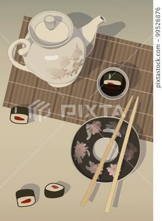 Still life with rolls and teapot, vector. 99526876