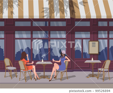 Cafe in Paris, in the summer. The Eiffel Tower is reflected. Vector. 99526894