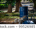 Blue oil drum placed in the park Goemonburo 99526985