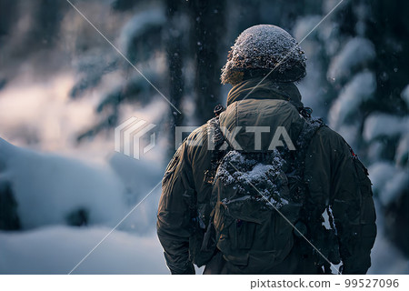 Some soldier, standing in a helmet and with a backpack, against the backdrop of a winter forest 99527096