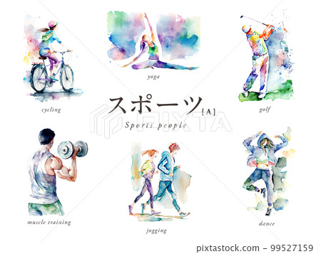 A set of 6 types of watercolor illustrations of men and women who play sports / AI images (yoga, jogging, golf, dance, etc.) A set of 6 types of watercolor illustrations of men and women who play sports / AI images (yoga, jogging, golf, dance, etc.) 99527159